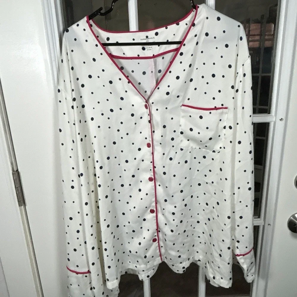 Summersalt‎ Polka Dot Satin Pajama Set White Navy Pink Piping 2XL Loungewear